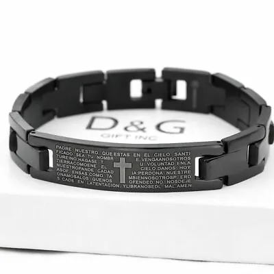 DG Men's 8 Stainless Steel Black BIBLE VERSES CROSS Lord PrayerBar Bracelet*Box • $12.99