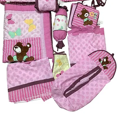 Geenny Baby Crib Quilt Set Bears Butterflies Pink Brown Quilt Skirt Curtains 7pc • $20