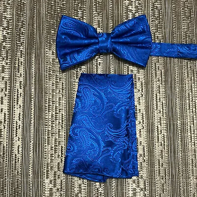 New Men Royal Blue BUTTERFLY Bow Tie And Pocket Square Handkerchief Set Wedding • $11.86