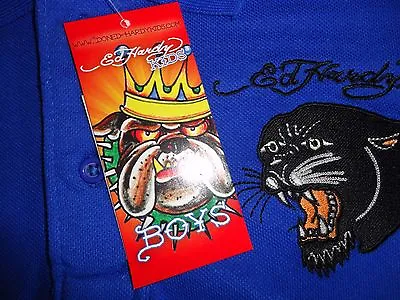 Blue NWT NEW Ed Hardy Embroidered Tiger Cotton Polo Shirt Youth XL (14) RTL $53 • $28.76