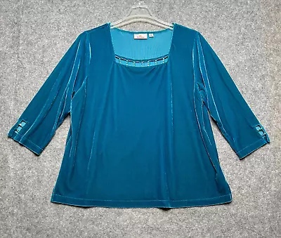 Quacker Factory Shirt Womens XL Blue Green Velour Rhinestones Square Neck Fun • $28.99