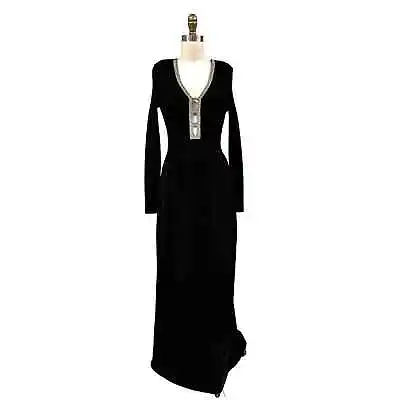 80s VTG Long Black Knit Sweater Dress Rhinestone Cut-out Neckline Sz S • $198