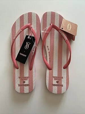 Havaianas X Victoria's Secret Pink White Stripe Slim Flip Flops Womens Size 9/10 • $39.97