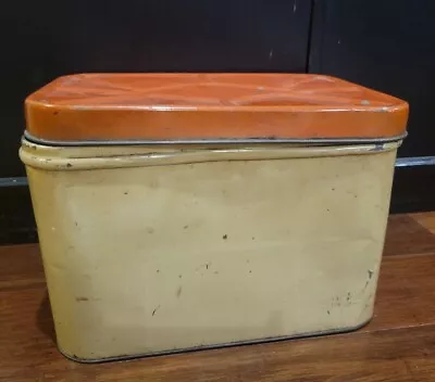 Vintage Primitive Metal Tin Cake Box Bin Tinware Orange Yellow Vented Rear • $24.99