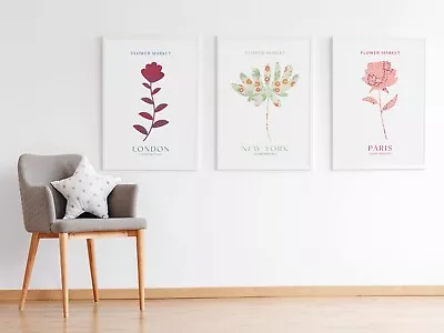 Set Of 3 Flower Market Prints London New York Paris Botanical Wall Art Posters • £8.99