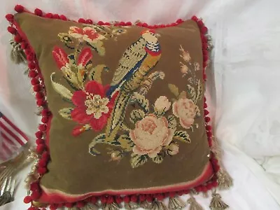 Vintage Needlepoint Pillow Parakeet Pink Brocade Back & Tassels • $19.99