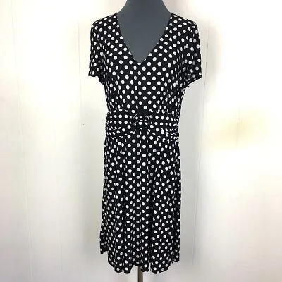AA Studio Fit Flare Dress 14 Black Polka Dot Stretch Polyester Knee Length 34x37 • $11.10