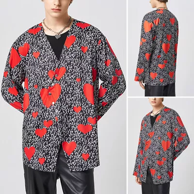 Men's Long Sleeve Floral Shirt V-Neck Button Down Blouse Holiday Retro Cardigan • $24