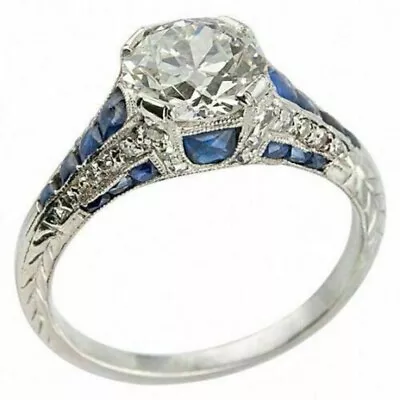 Art Deco 2.35CT Round Lab-Created Diamond & Blue Sapphire Engagement Ring Silver • $63.70