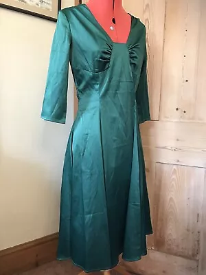 HELL BUNNY GREEN SATIN DRESS 50s STYLE ROCKABILLY VIXEN PIN UP XS NEW DANCE OCCS • £20