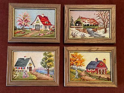 4 Vtg Needlepoint Point Framed Complete 4 Seasons Winter Spring Summer Fall • $36.37