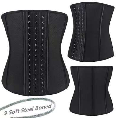 Women Black Latex Waist Trainer Cincher Underbust Corset Soft 9 Steel Bone 6-16 • £14.87