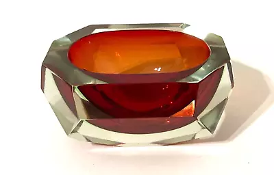 VTG Mandruzzato Murano Italy Sommerso Red/Clear Glass Faceted Geode Bowl/Ashtray • $105