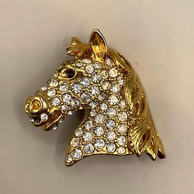 Vintage Horse Head Brooch Pin Jewelry Gold Tone Pave Rhinestone • $24.95