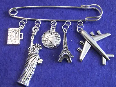 Silver Travel Theme Brooch-pin With 7  X Silver Charms New-80mm Large Pin- • £3.49
