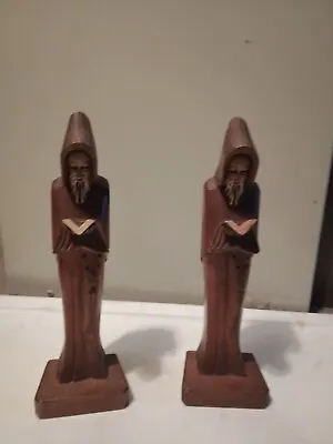 Pair Of 2 Vintage JOM Mexican Hand Carved Wood Monk Priest Friar Bookends1940s • $49.99