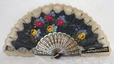 Vintage Hand Painted Floral 🌹 Lace Plastic Folding Hand Fan 🌹 Made In Spain • $11.98