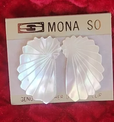 Vintage  MONA SO Mother Of Pearl Earrings White MOP Angel Wing Clip On 1980s NOS • $25