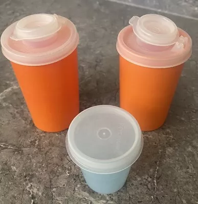 Vintage Tupperware Salt/Pepper Spice Shakers Containers Orange/Blue (3 Pieces) • $16.85