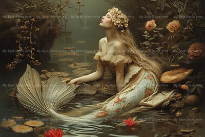 MERMAID In A POND ART PRINT Wall Decor Siren Poster Cottagecore Artwork D122 • $7.95