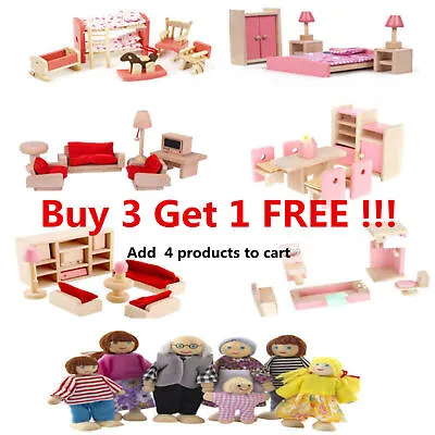 £9.99 • Buy Wooden Dolls House Furniture Bundle Wood Doll Toys Miniature 7 People Family Set