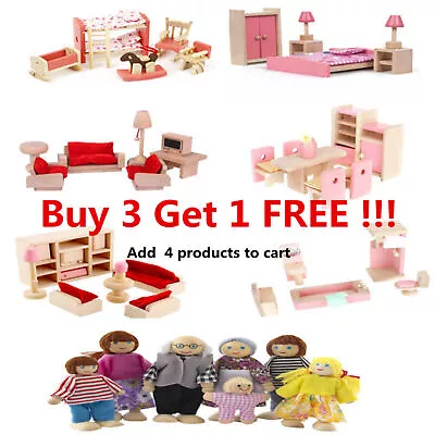 Wooden Dolls House Furniture Bundle Wood Doll Toys Miniature 7 People Family Set • £9.99