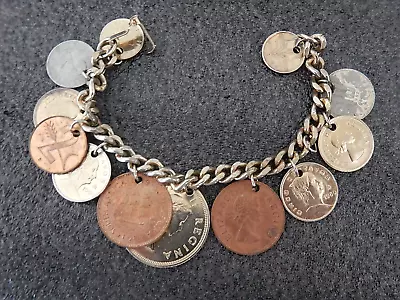 Vintage Foreign Coin Charm Bracelet Real Coins 1950s 1960s Africa Europe Mexico • $24
