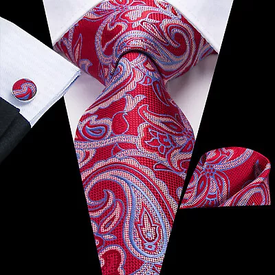 Men's Long Striped Ties Colours Silk Woven Necktie Set Handkerchief Cufflinks • £9.59