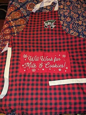 Disney Mickey Will Work For Milk & Cookies Red Black Plaid Kitchen Apron Xmas  • $9.99