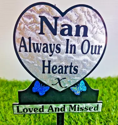 Nan Heart Shaped Memorial Plaque Grave Gift Tribute  Blue Sparkle Butterfly • £9.99