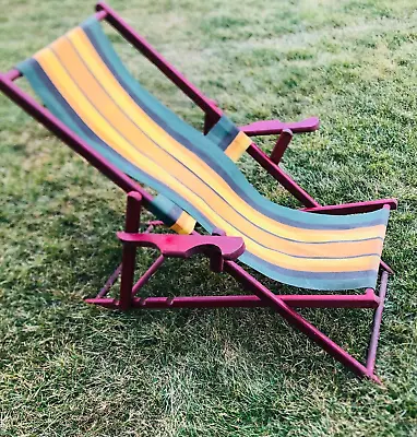 Vtg Wood & Canvas Sling Chair Adjustable Retro Deck Beach Pool Backyard Lake Mcm • $52.70