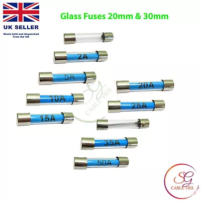  Glass Fuses 20mm And 30mm Radio Fast Acting Quick Blow Glass Fuse 1 To 50Amp • £7.79