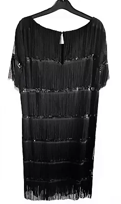 STUDIO 8 At PHASE EIGHT Size 18 BLACK FRINGE SEQUIN FLAPPER DRESS • £39.99