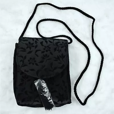 90's Vintage Small Black Flocked Floral Crossbody Bag Purse By Avon Whimsigoth • $11.99