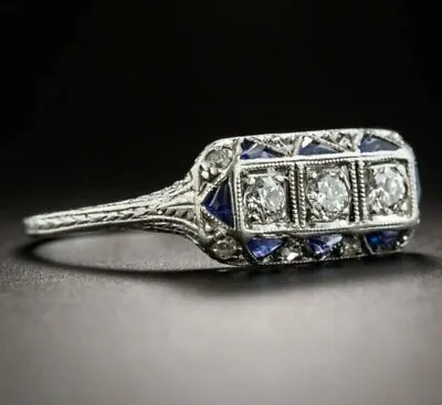 Vintage Art Deco Style Edwardian 3-Stone Diamond Engagement White Gold FN Ring • $57.40