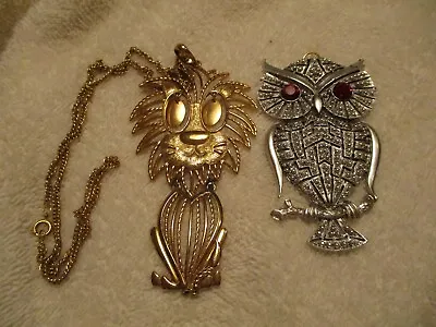 Vintage Articulated Goldtone LION Necklace Signed ALAN & Silvertone OWL PENDANT • $14.99