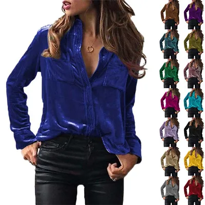 Womens Long Sleeve Button Up Top Blouse Velvet T-shirt Spring Casual Shirts Size • £13.99