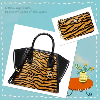 Michael Kors Avril Tiger Brown Multi Calf Hair Top Zip Satchel XBody & Key Card • $199.98