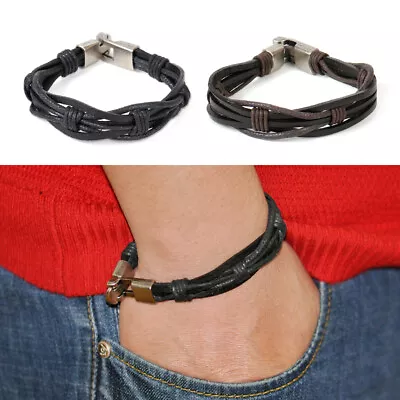 Mens Vintage Leather Hemp Braid Bracelet Bangle Rope Wristband Cuff Wrap Surfer • £4.18