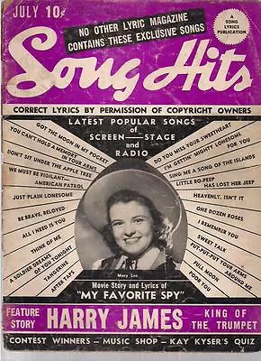 SONG HITS Magazine July 1942 Mary Lee Cvr Carmen Miranda Betty Grable Gene Autry • $11.99