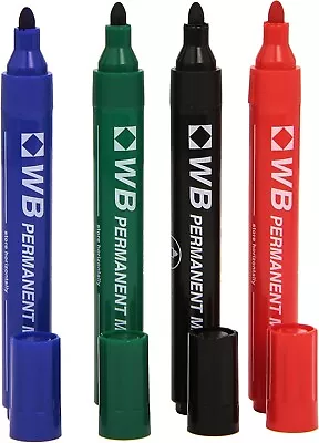 4 Colour PERMANENT MARKERS PEN SET BULLET Tip End Pens Red Blue Green & Black • £4.95