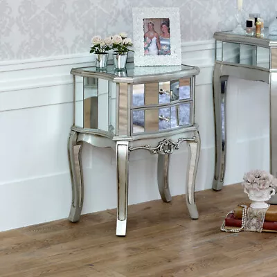 Mirrored Bedside Cabinet Lamp Table Bedroom Furniture Venetian Silver Hotel • £147.95