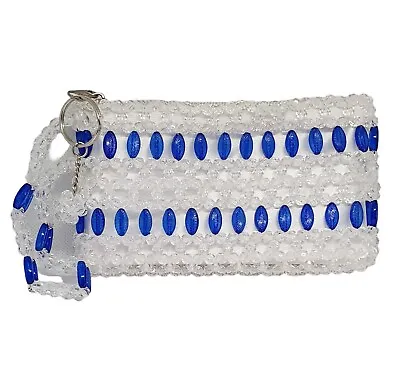 Vintage Beaded Clutch Bag Purse Wristlet Blue & Clear Sparkling Retro Beads 70s  • $25.25