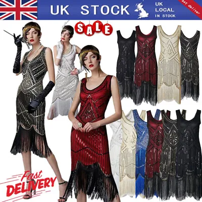 Retro 1920s Flapper Gatsby Charleston Party Sequin Fringe Evening Cocktail Dress • £26.99