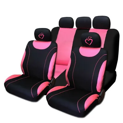 Black Pink Cloth Car Seat Covers Large Heart Full Set Women Girl For VW • $36.01