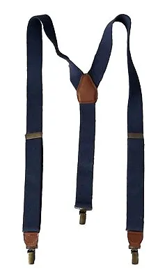 Vintage 40s Men's Suspenders Braces Gold Brass Tone Navy Blue Stretch Clip Style • $15