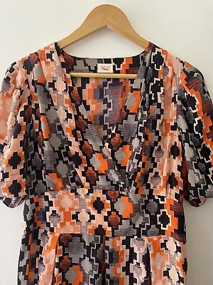 BNWOT  Gorman Winter 2012 Silk  Dress Size 14 Orange Grey Peach Geo Print • $55