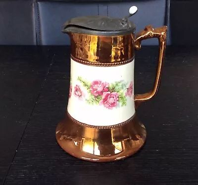 £5.95 • Buy Antique Copper Lustre Water Jug With Pewter Lid Red Roses