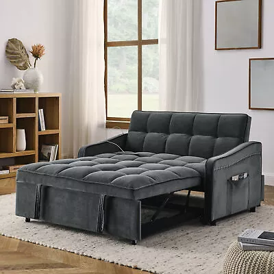 47  Convertible Sleeper Sofa Velvet Loveseat Convertible Pull Out Sofa Bed Gray • $530.99