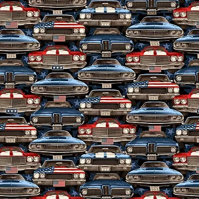 Muscle Car Fabric BTY Patriotic Oncoming Cars 5334S-78 TheFabricEdge • $14.99
